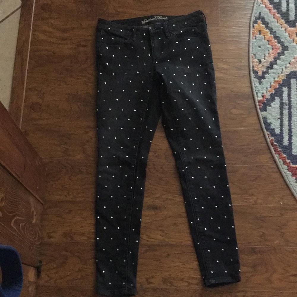 black denim jeans • metallic polka-dot pattern • barely worn • great condition